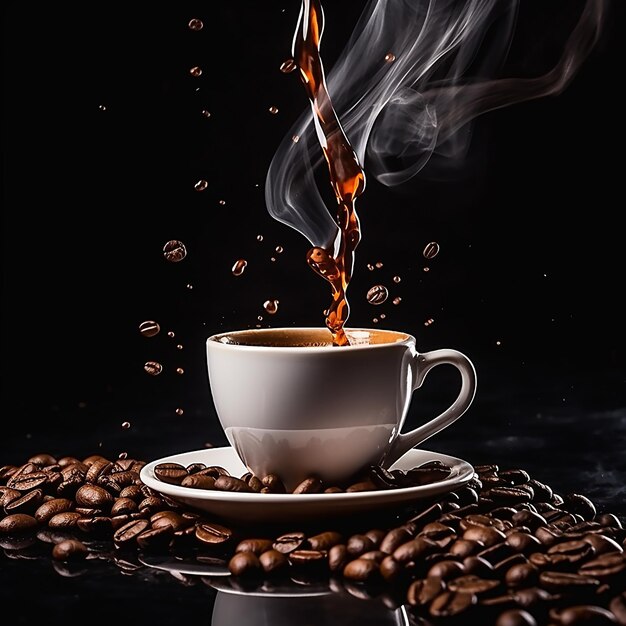 Foto scatto verticale 3d di una tazza di caffè con chicchi di caffè