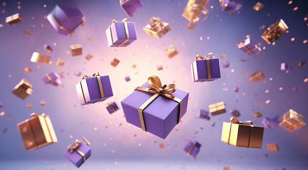 3D-rendered Vier feestelijke paarse en gouden geschenkdozen die in de lucht zweven