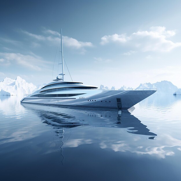 Foto rendering 3d vista dello yacht sull'acqua