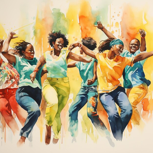 Photo 3d rendered water color art of group of people dancing and enjoying