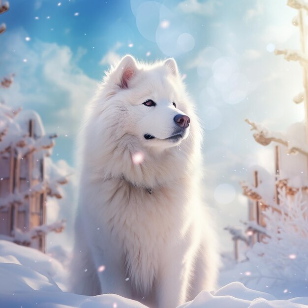 3Dレンダリングの白いサモエード犬 雪の冬の季節