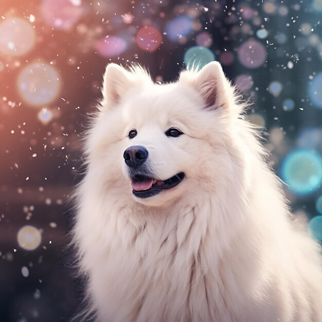 Photo 3d rendered white samoyed dog in snow winter season