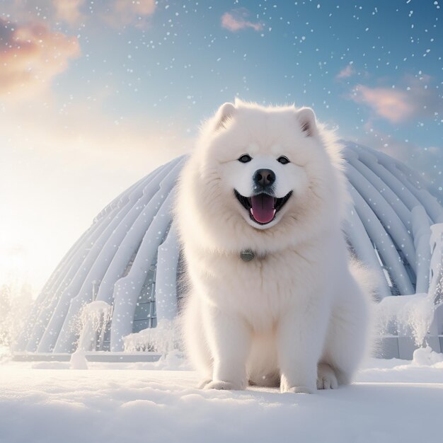 Photo 3d rendered white samoyed dog in snow winter season