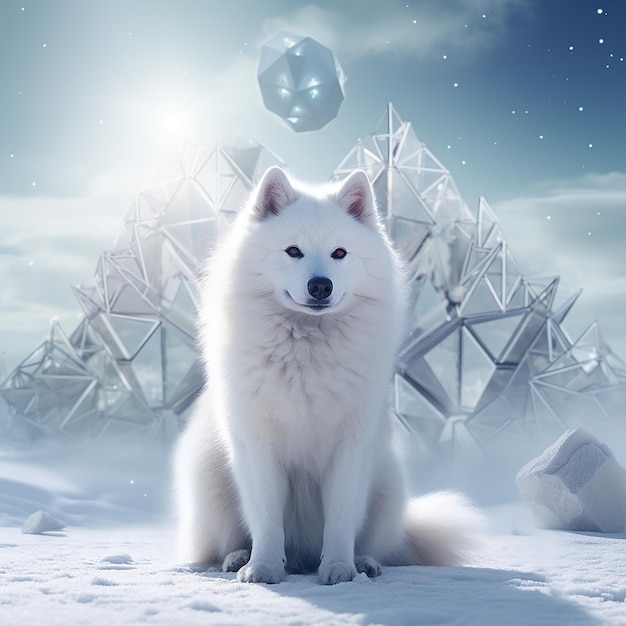 Photo 3d rendered white samoyed dog in snow winter season