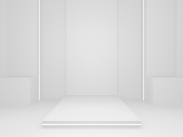 3Dレンダリングされた白い科学製品スタンド。白色の背景。