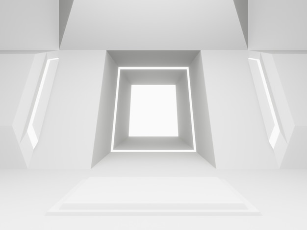 3d rendered white spaceship room stage. futuristic background.
