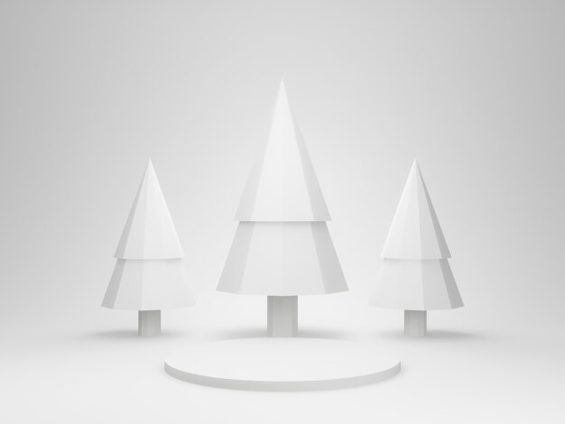 3D rendered white stage podium with trees.