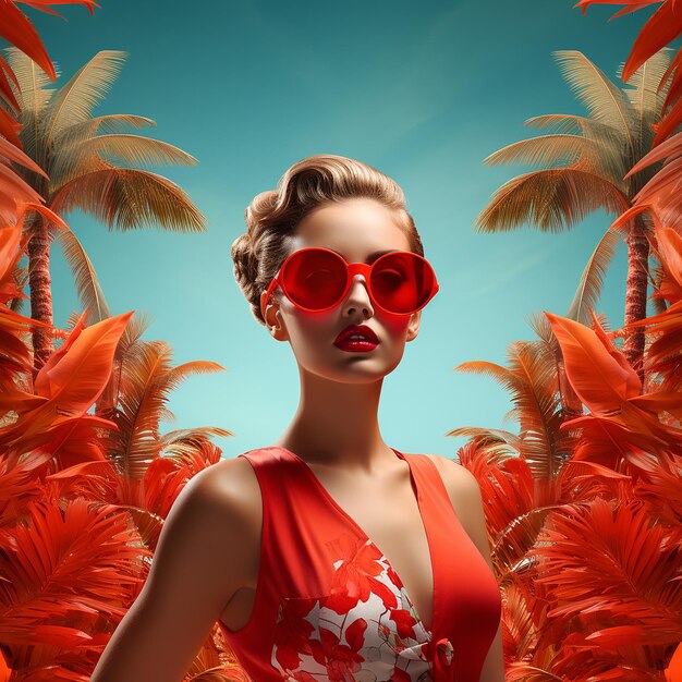 3d rendered a woman in red sunglasses and a tropical background