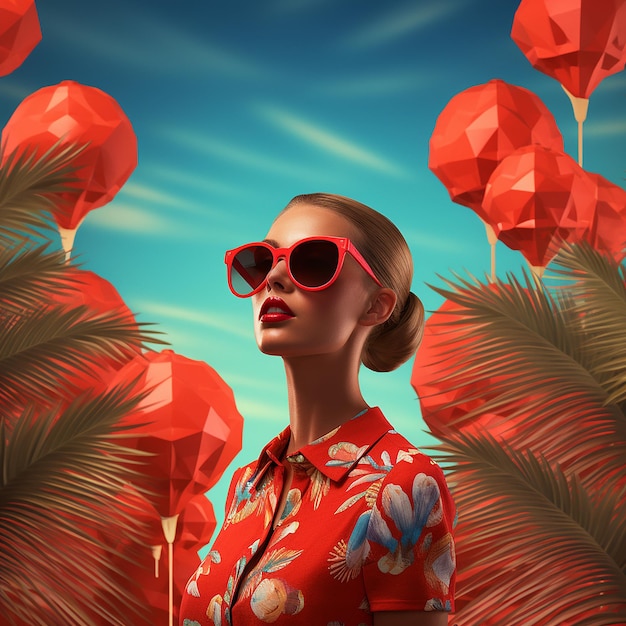 3d rendered A woman in red sunglasses and a tropical background