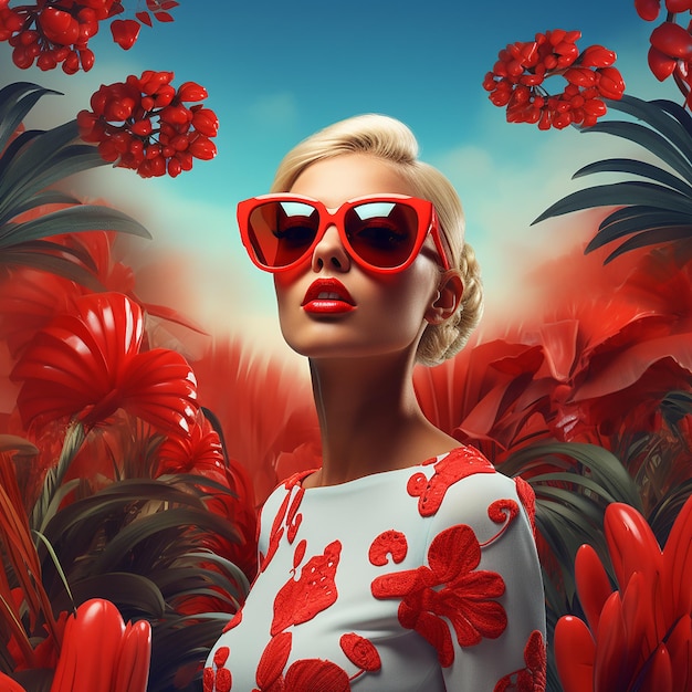 3d rendered A woman in red sunglasses and a tropical background