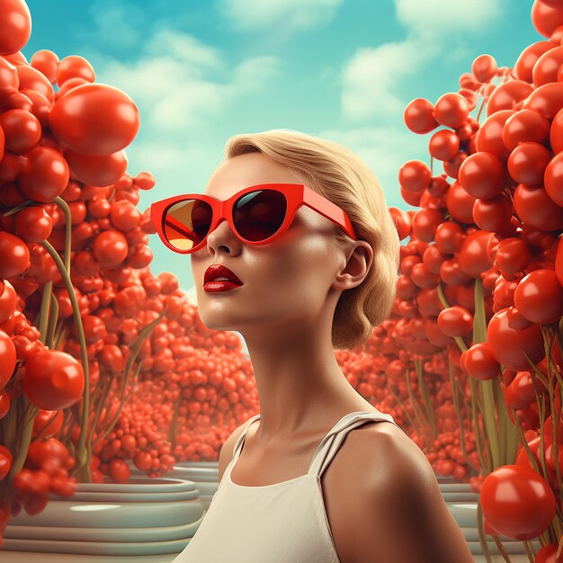 3d rendered a woman in red sunglasses and a tropical background