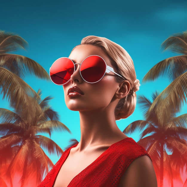 赤いサングラスを着た女性と熱帯の背景