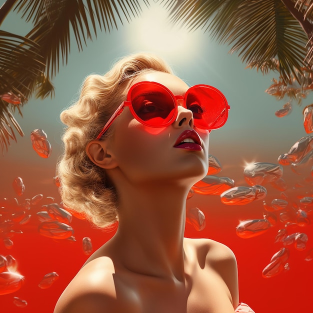 3d rendered A woman in red sunglasses and a tropical background