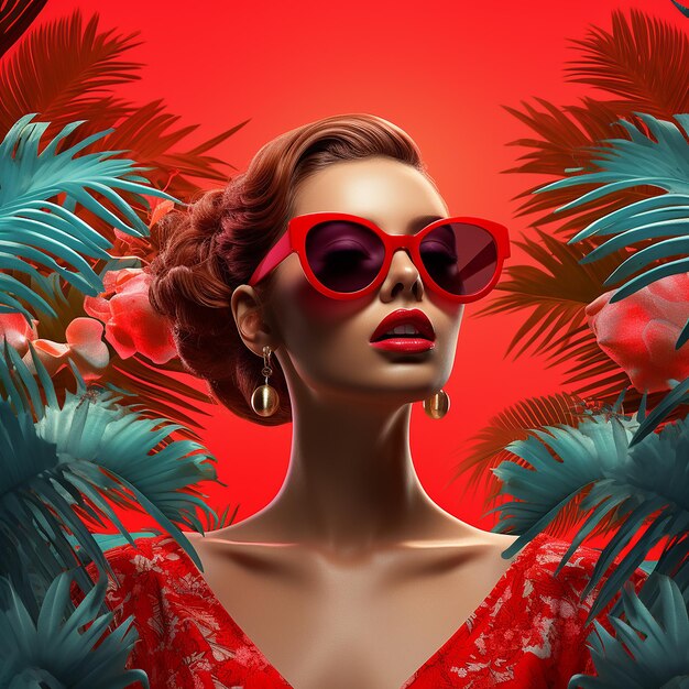 3d rendered a woman in red sunglasses and a tropical background