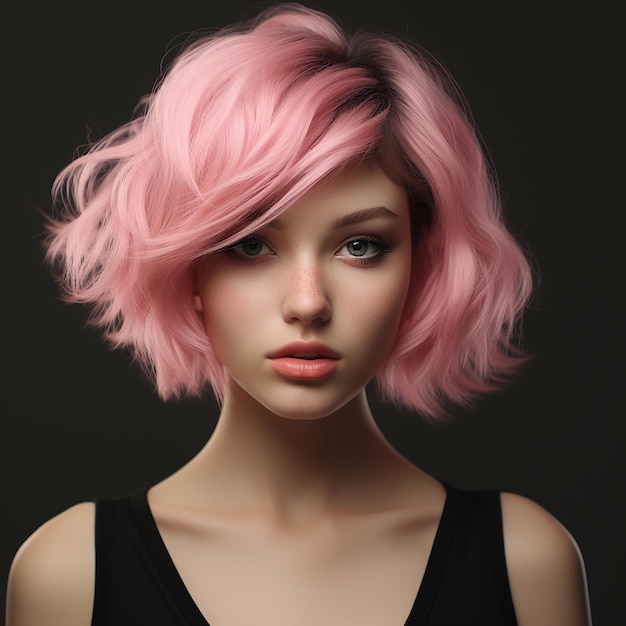 3D rendered A woman with pink hair and a black top with pink makeup