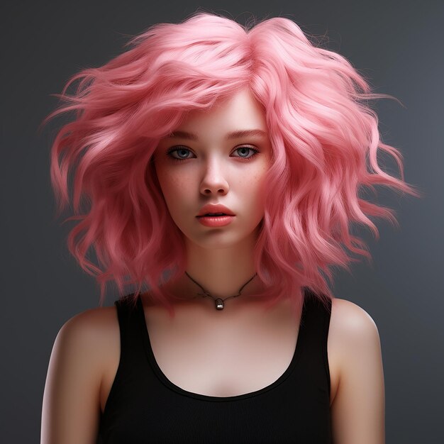 3D rendered A woman with pink hair and a black top with pink makeup