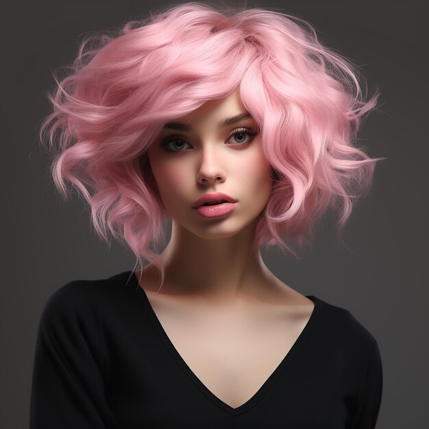 3D rendered A woman with pink hair and a black top with pink makeup