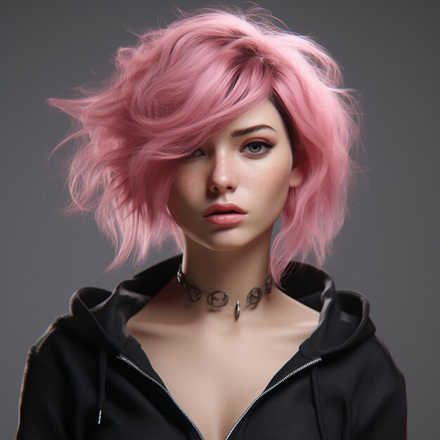 3D rendered A woman with pink hair and a black top with pink makeup