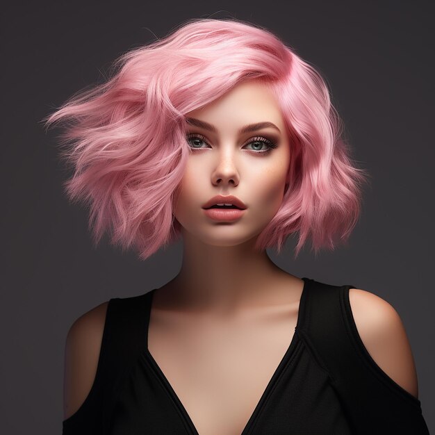 3D rendered A woman with pink hair and a black top with pink makeup