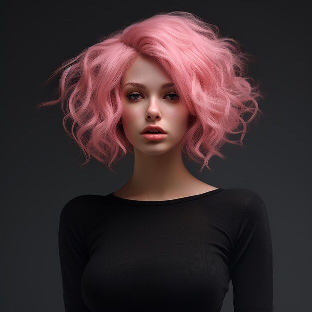 3D rendered A woman with pink hair and a black top with pink makeup