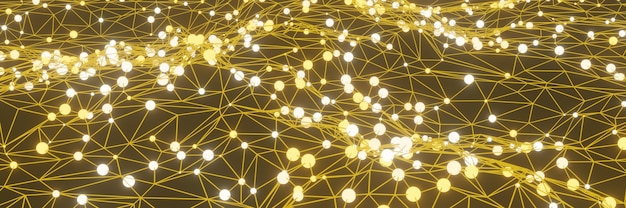 3D rendered yellow data network. Abstract grid background.