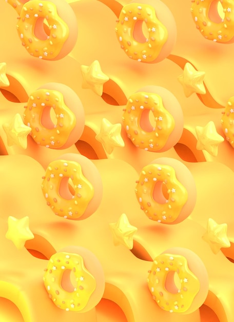 사진 3d 렌더링된 노란색 도넛과 별.