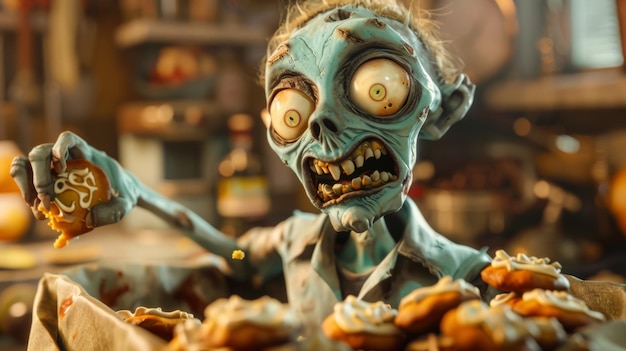 3D rendered zombie baking cookies in a bright cartoonstyle kitchen