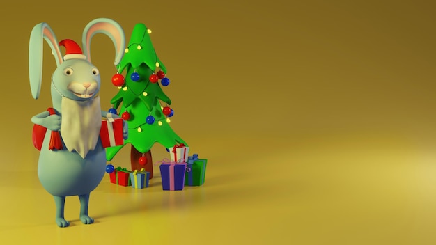 3D renderen met een kerstboom geschenken en een schattige haas op een grijze achtergrond voor Nieuwjaar