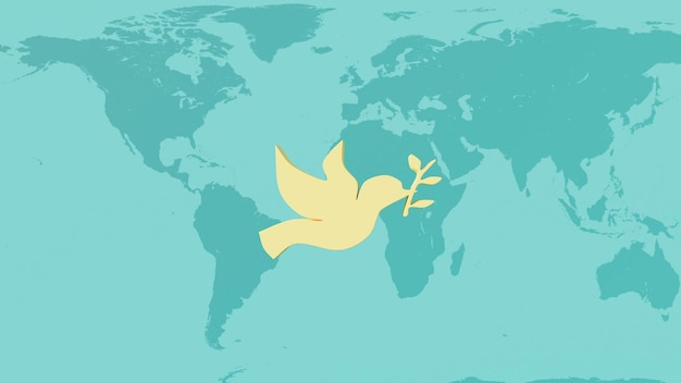 3D 렌더링: 3D 황색 평화의 비둘기, 푸른 배경에 지구 지도