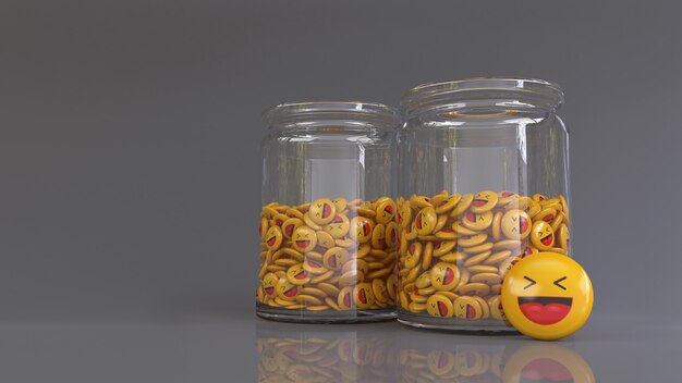 3d rendering of 2 Glass jars filled with lots of glossy emoji pills on gray background