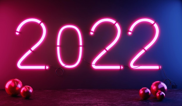 3d rendering 2022 glowing neon light in dark room new year celebration dark background