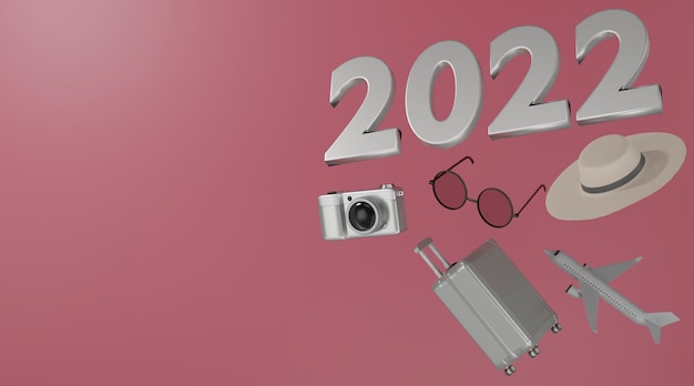 Foto rendering 3d 2022 concetto di viaggio valigia fotocamera cappello aereo e occhiali da sole su sfondo rosa