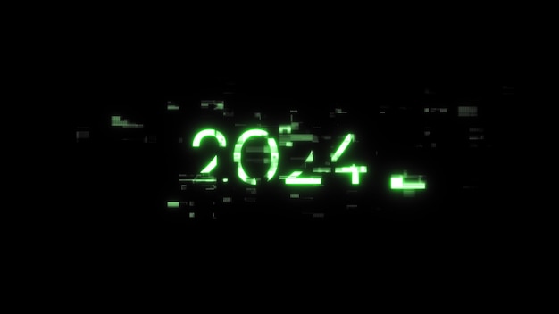3D-рендерирование текста 2024 года с экрановыми эффектами технологических сбоев