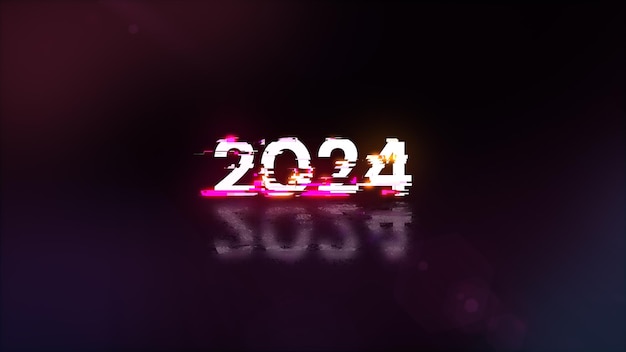 Photo 3d rendering 2024 text with screen effects of technological glitches