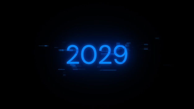 사진 3d 렌더링 2029 텍스트는 기술적 장애의 스크린 효과를 가지고 있습니다.