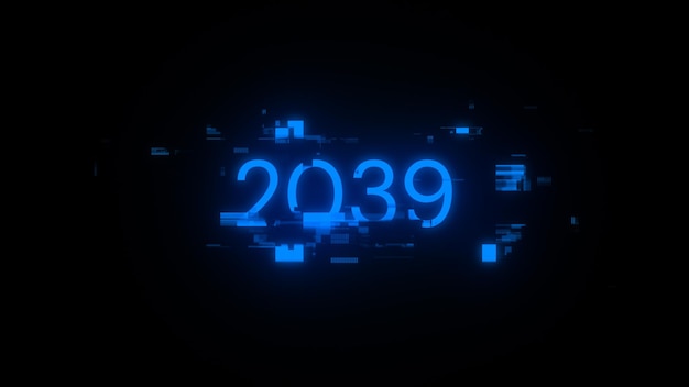Foto rendering 3d del testo 2039 con effetti di schermo di glitch tecnologici