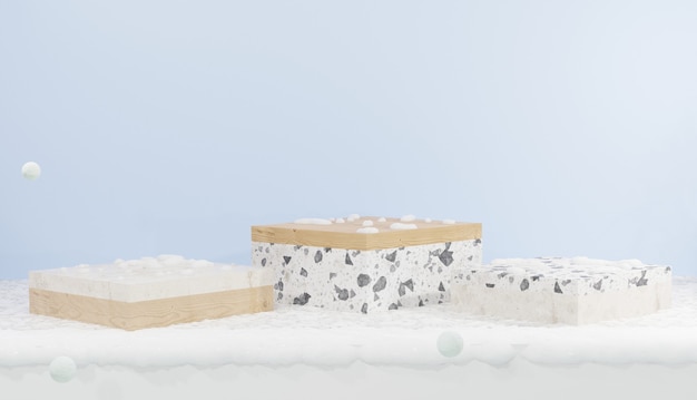 3d rendering 3 cube shaped podium covered in snow winter theme for showcase products