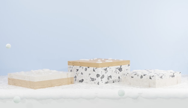 3d rendering 3 Cube shaped podium covered in snow winter theme for showcase products