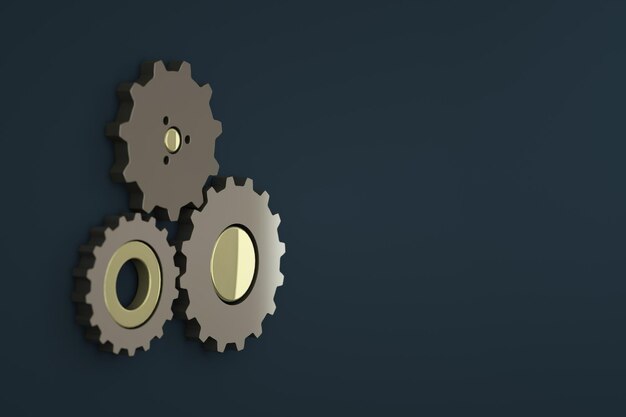 3D rendering of 3 different realistic gears on a black wall under the text space