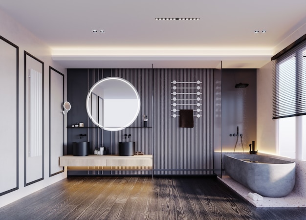 3D-rendering, 3D-afbeelding, interieurscène en mockup, badkamer in zwarte toon, houten lattenwand, badkuip versierd met terrazzosteen. Donker houten vloer met wit verlichte glasrand.