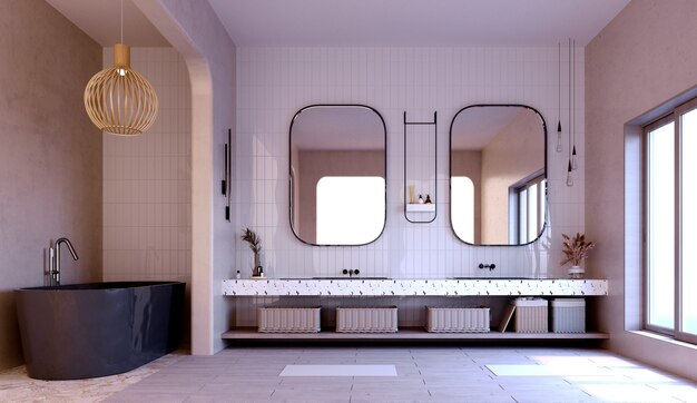 3d-rendering, 3d-afbeelding, interieurscène en mockup, moderne badkamer met natte en droge scheidingswanden, glanzende witte betegelde muren, torusso decoratieve wastafels.