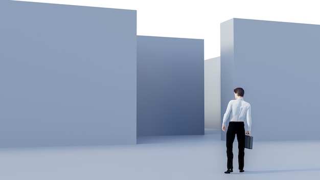 3D Rendering. 3D Businessman Standing in front of the maze. Success soncept