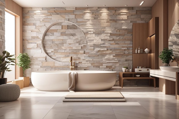 3D-rendering 3D illustratie interieur scène en mockup badkamer renderen moderne stijl decoratieve stenen muur
