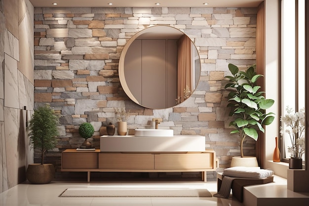 3D-rendering 3D illustratie interieur scène en mockup badkamer renderen moderne stijl decoratieve stenen muur