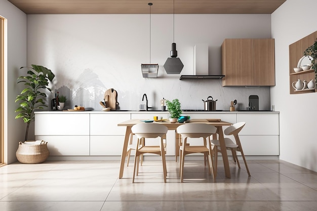 3D-rendering 3D illustratie interieur scène en mockup keuken en eetkamer hoek betonnen vloer keuken met witte muren