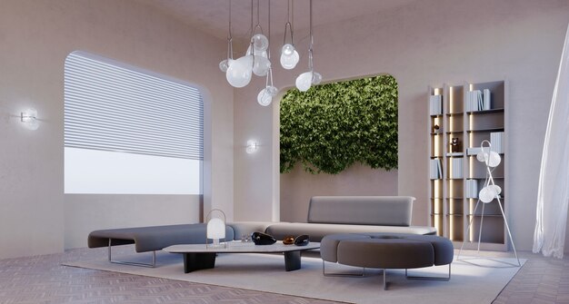 3D-rendering, 3d illustratie, interieurscène en mockup, woonkamer in loftstijl, grote grijze bank.