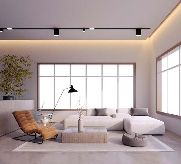 3D-rendering, 3d illustratie, interieurscène en mockup, woonkamer, witte L-vormige bank en wieg in bruin, oranje, wit, zwart, lichthouten middentafel.