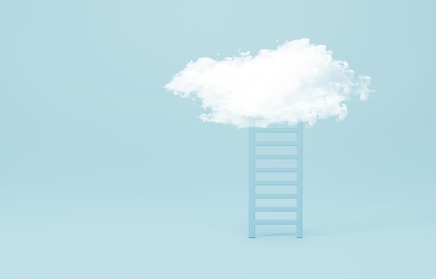 Foto 3d-rendering 3d illustratie witte pluizige wolk boven de ladder op blauwe achtergrond minimale samenstelling concept