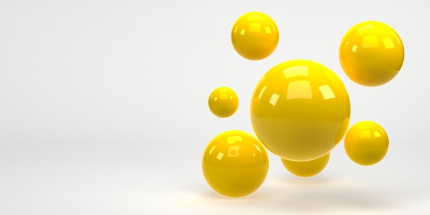 3D 렌더링 3D 그림 흰색 배경에 노란색 구체를 비행 최소 개념
