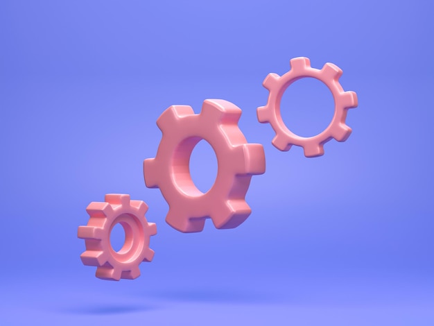 3d rendering 3d illustration Gear icon wheels isolated on purple background Minimal cogwheel gear concept